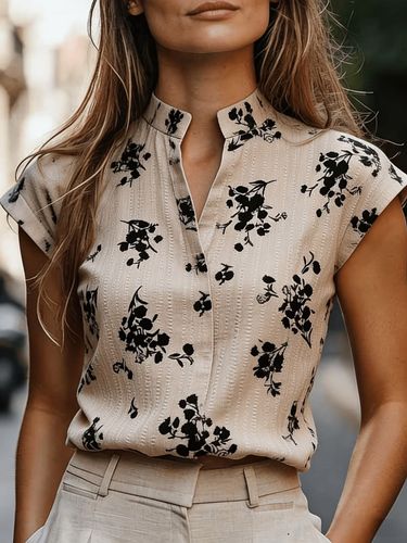 Blusa beige floral cuello mao