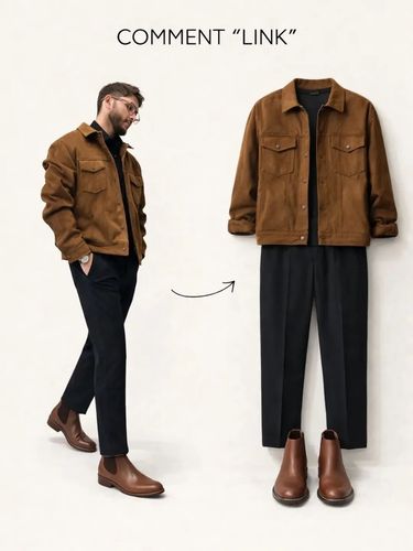 Chaqueta suede marrón con pantalón negro