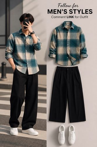 Conjunto camisa a cuadros y pantalón negro