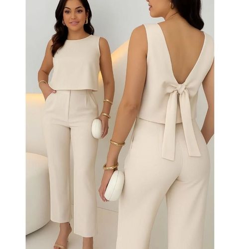 Conjunto crema top lazo espalda pantalón