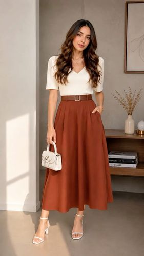 Falda midi acampanada terracota