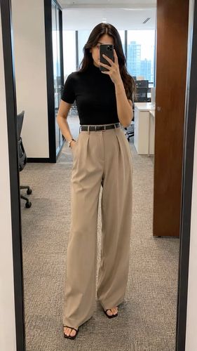 Pantalón beige pierna ancha oficina