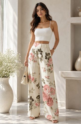 Pantalón floral pierna ancha crema