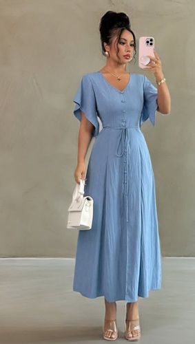 Vestido azul botonado manga capa
