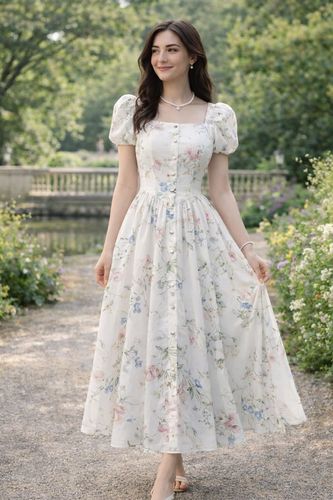 Vestido floral midi manga abullonada