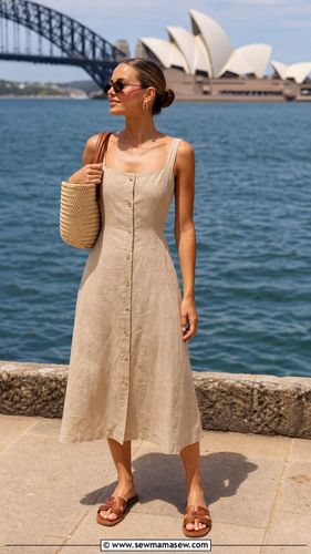 Vestido lino beige botonado sin mangas