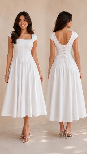 Vestido midi blanco cuadrado espalda botones