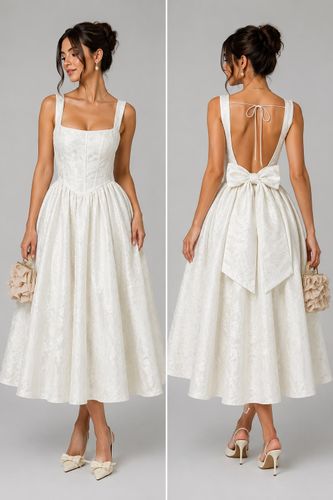 Vestido midi crema con lazo espalda