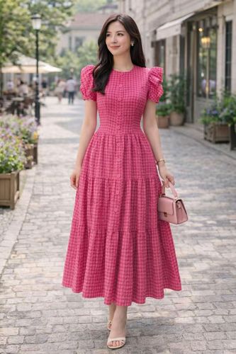 Vestido midi rosa a cuadros escalonado
