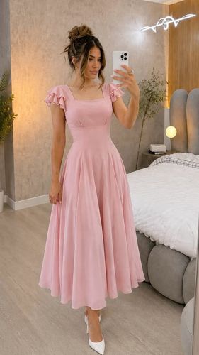 Vestido midi rosa manga volante