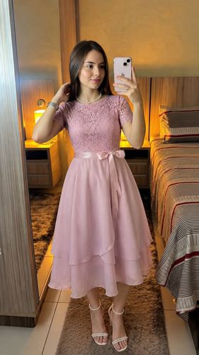 Vestido rosa encaje lazo cintura
