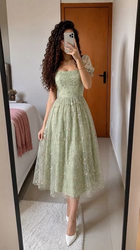 Vestido verde encaje palabra de honor